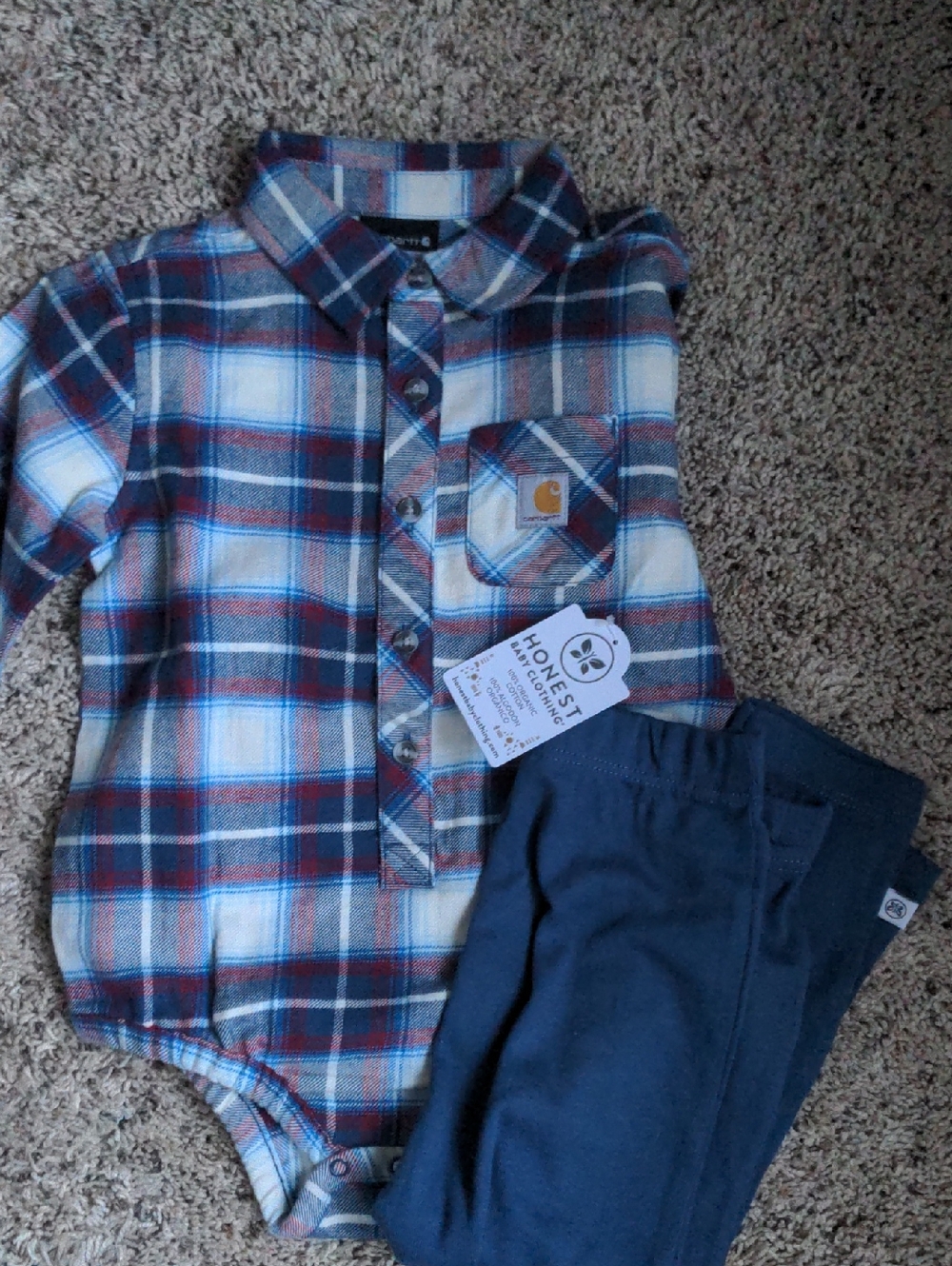 Carhartt Plaid Button-up Onesie With Blue Pants